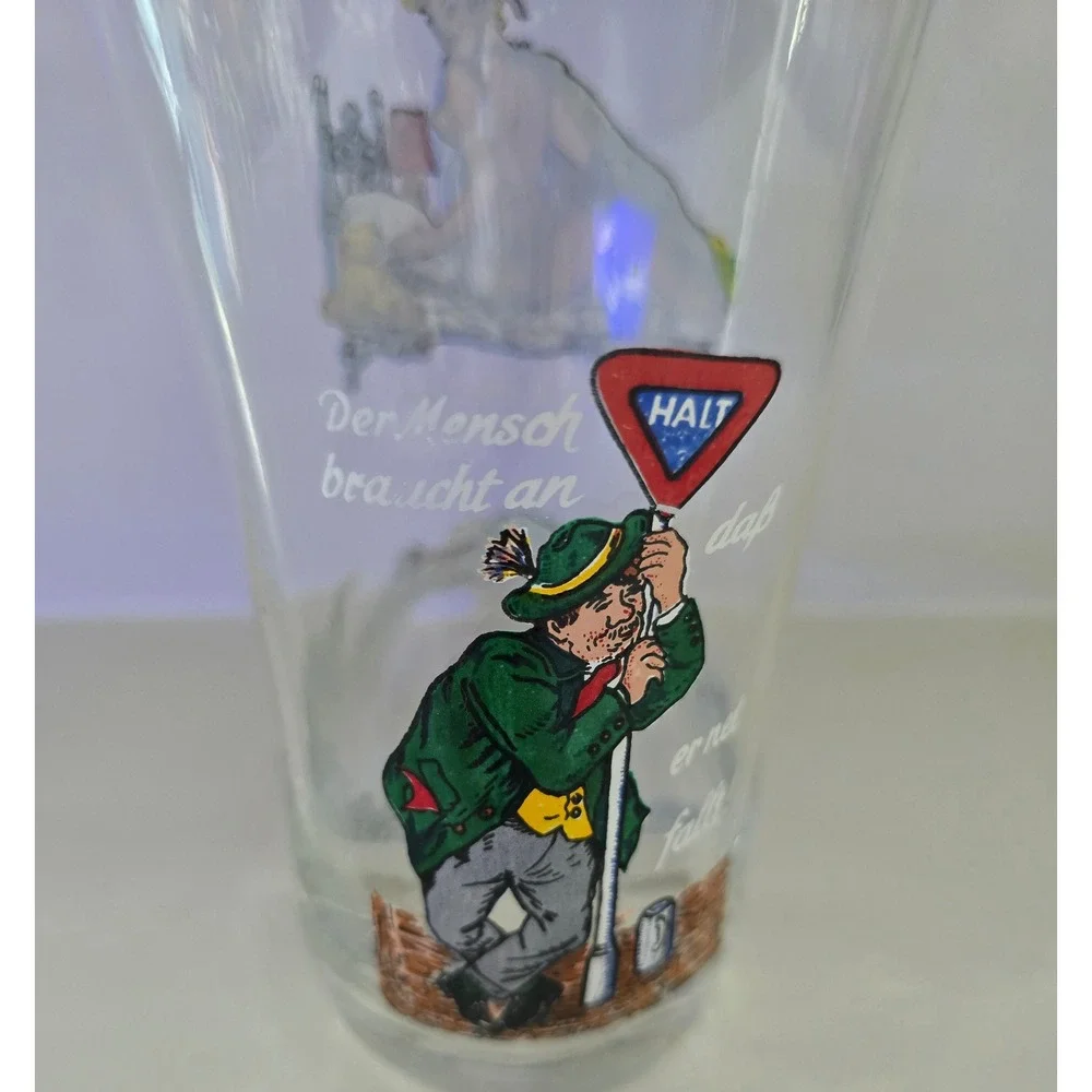 Vintage German Beer Boot Glass Gold Rim Humorous Bavarian‎ Illustrations 9 Inch
